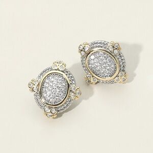 14K Gold Plated Two Tone Pave CZ Crystals Oval Stud Earrings